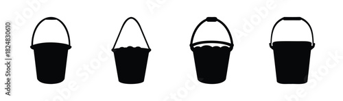 Set of four different bucket icons, black silhouettes