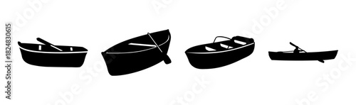 Outlined boat silhouettes: rowboat, motorboat, kayak, canoe.