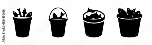 Four distinct black silhouette icons of fish in buckets set