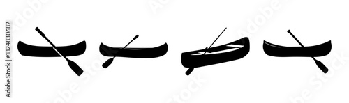 Canoe and paddle silhouette set, various views, water craft