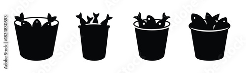 Four simple black silhouette icons of buckets full of fish
