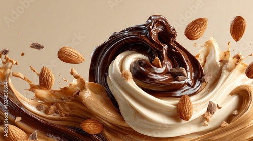 Delicious swirl of chocolate cream with flying almonds on a neutral background