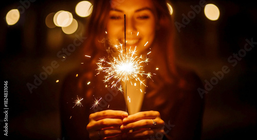 Young woman smiling while holding a sparkler at night  