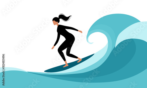   Woman surfer riding a wave on a surfboard