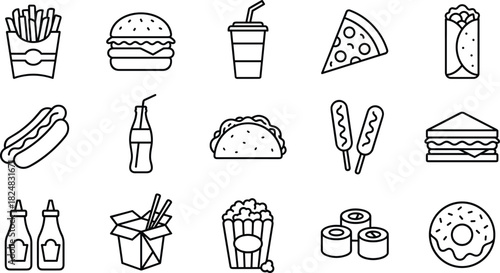 Fast Food and Takeout Line Icons Set, Including Burger, Fries, Pizza, Soda, Hot Dog, Asian Noodles, Popcorn, and Snack Symbols, Flat Vector Illustration