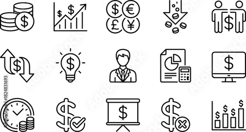 Finance and Business Line Icons Set, Including Currency Exchange, Financial Growth Chart, Investment Idea, Time is Money, and Corporate Partnership, Flat Vector Illustration