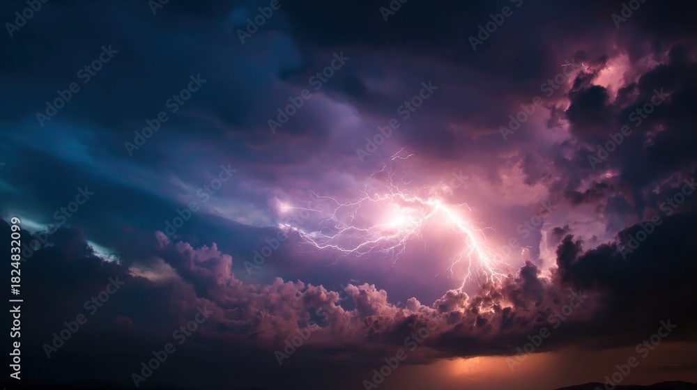Fototapeta premium Dramatic lightning strike illuminating dark clouds in a moody atmospheric scene