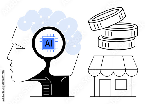 Human head with AI chip, stacked coins, and storefront representing innovation, growth, and business intelligence. Ideal for technology, startups, economy, automation neural networks
