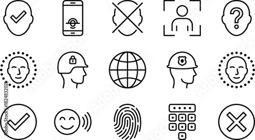 Security, Biometric Identification, and Access Control Line Icons Set, Including Face Recognition, Fingerprint Scan, Verification Check, Police, and User Authentication, Flat Vector Illustration