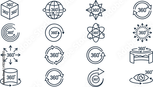 360 Degree View and Virtual Reality Line Icons Set, Including Panorama, Perspective, Globe, Eye Tracking, Rotation Arrows, and Digital Sphere, Flat Vector Illustration