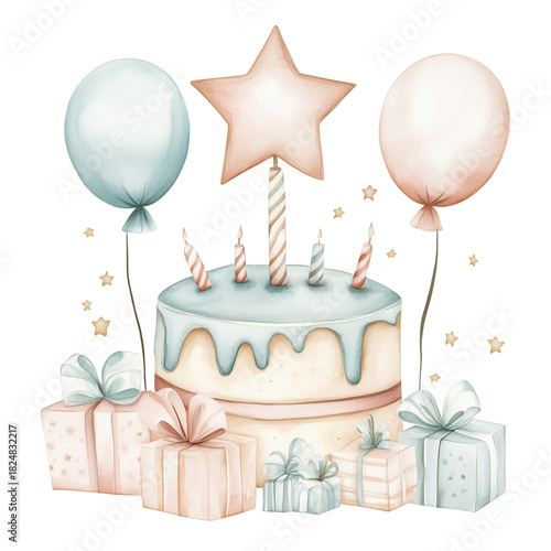 Colorful Birthday Cake With Gifts and Balloons in a Festive Setting Celebrati...