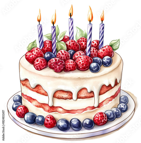 Colorful Birthday Cake With Fresh Fruit and Candles on Top