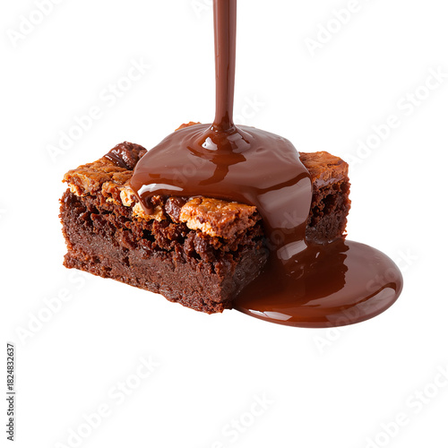 Delicious Chocolate Brownie With Melting Chocolate Drizzle and Walnuts on a W...