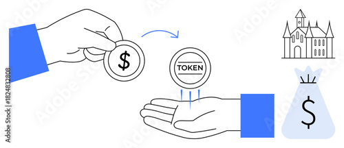 Hands exchanging coin and token with blue accents, symbolizing digital transactions, money exchange, and real estate investment. Ideal for finance, blockchain, e-commerce, real estate, fundraising