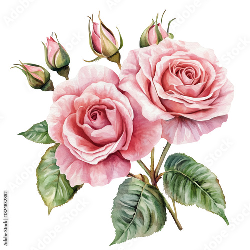Beautiful Pink Roses With Buds and Green Leaves Captured in Soft Watercolor S...