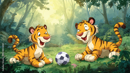 Two cute cartoon tigers playing with a soccer ball in forest