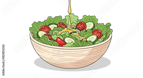 A wooden bowl filled with a fresh mix of green lettuce, sliced cucumbers, and red tomatoes, with a stream of dressing being poured over the salad against a clean white background.