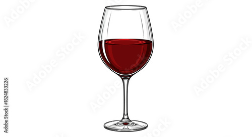 A glass of red wine against a clean white background, showcasing beverages and food in a simple still life composition.