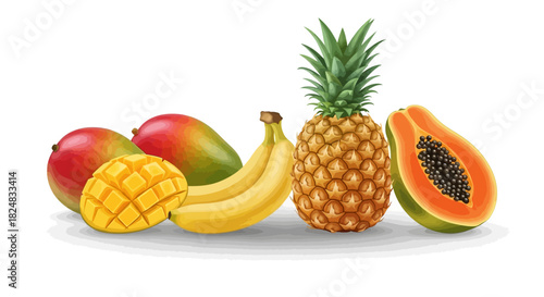 Assorted tropical fruits including pineapple, papaya, mango, and banana on a clean white background, showcasing food and beverages.