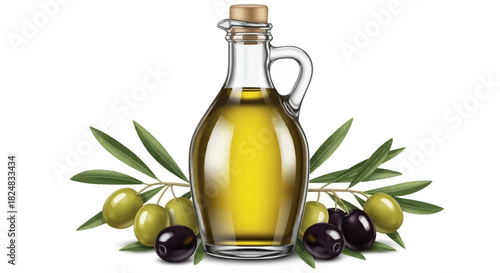A glass bottle of olive oil surrounded by olives and leaves on a white background, showcasing food and beverages.