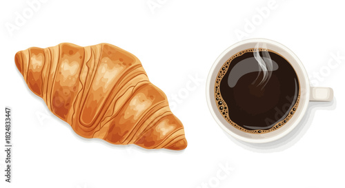 A golden-brown croissant and a cup of black coffee on a plain white background, with steam rising, showcasing food and beverages.
