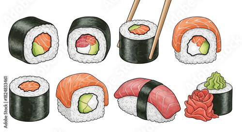 Assorted sushi rolls and sashimi with chopsticks on a plain white background, showcasing various Japanese food and beverages.