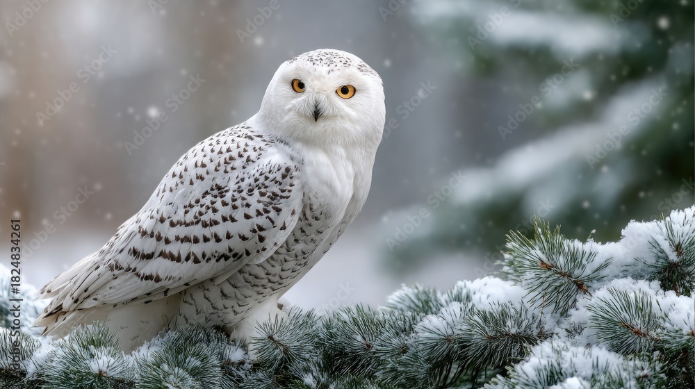 Obraz premium A snowy owl sits on a branch, overlooking a tranquil winter scene filled with snow and green pine trees