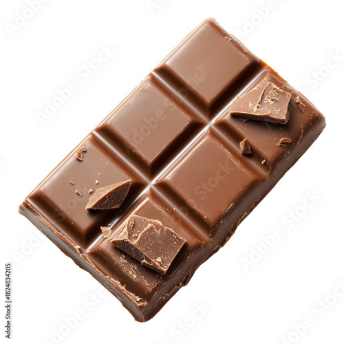 Chocolate Bar With a Bite Taken out and Pieces Scattered on a White Background