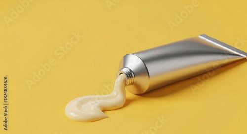 Closeup of a tube of cream being squeezed out on a yellow background
