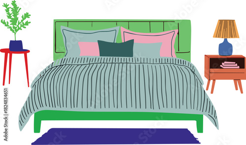 Modern bedroom interior illustration, cozy bed with pillows, stylish furniture decor, colorful home design, contemporary room layout with lamp and plant