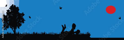 Relaxing outdoor scene, child lying in grass, peaceful nature silhouette, red sun sky background, tree and butterflies illustration, calm summer moment
