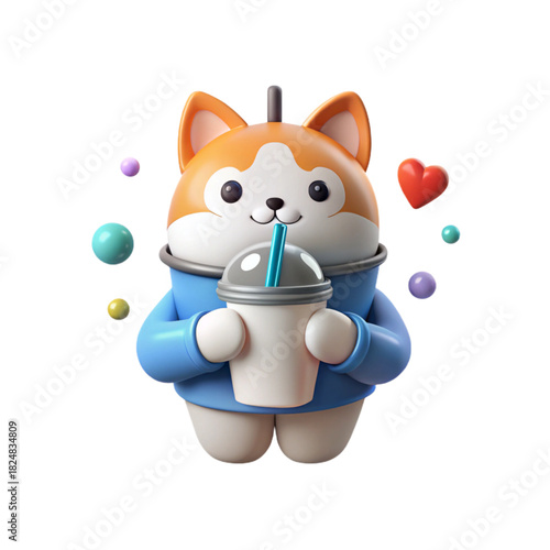 Cute 3D cat mascot holding milk tea cup with straw, orange white kitty and blue glossy plastic style, soft shadow, beverage and cafe symbol, isolated, no background