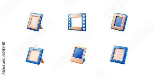 Blue Photo Frame Icon Set. 3D blue photo and video frames with beige inner borders in multiple shapes, glossy plastic texture, media gallery UI elements, modern app interface style, isolated, no backg