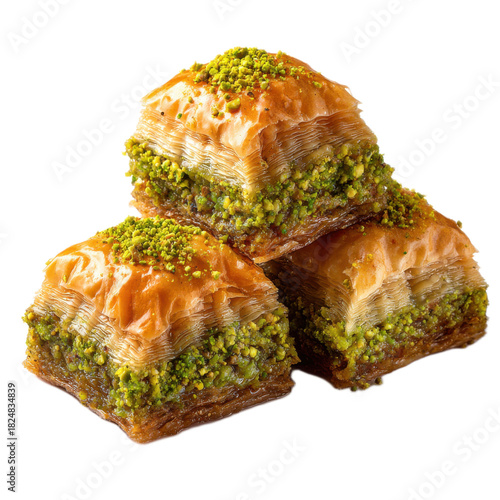 Three pieces of food with green nuts on top