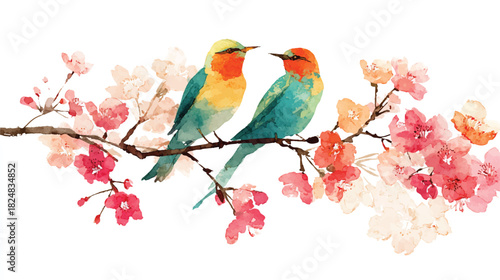 Watercolor birds on flowering branch artistic illustration tranquil springtime scene