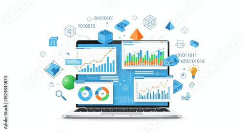 Laptop displaying business data and analytics with floating icons.