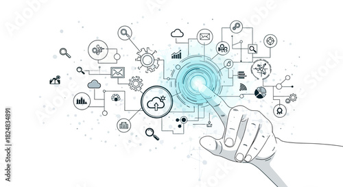 A hand interacting with a glowing blue digital interface surrounded by various technology icons and symbols on a white background.