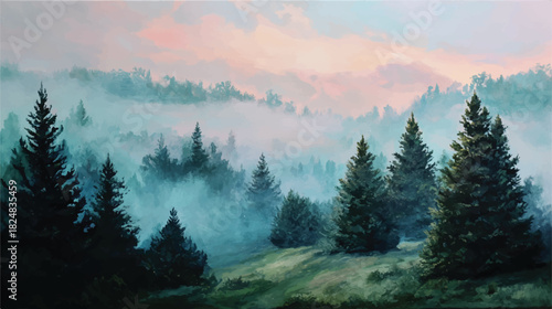 Watercolor landscape painting featuring misty forest and coniferous trees on hills