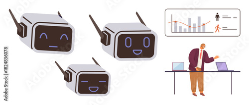 Robotic faces showcasing emotions and data analysis presentation with human professional at a desk. Ideal for AI, data interpretation, robotics, emotion detection, teamwork, education, and future