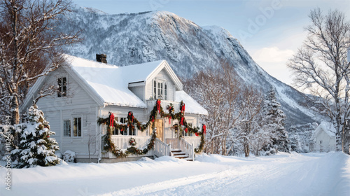 Winter Wonderland Home Festive Christmas Decorations and Snow Covered Mountain