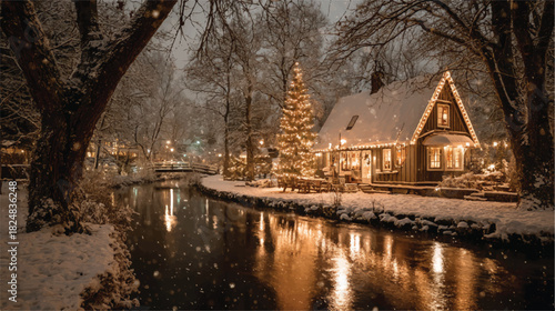 Winter Wonderland Cabin Retreat with Christmas Lights and Snowy Scenery