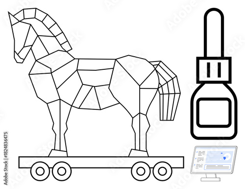 Geometric Trojan horse on wheels representing deception, magnifying glass signifying analysis, and computer screen with security-related content. Ideal for cybersecurity, malware, online threats