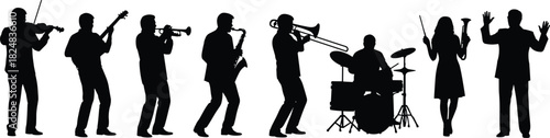 Musician silhouette collection featuring a violin, bass, trumpet, saxophone, trombone, drums, and two conductors, ideal for music, orchestra, band, performance, and concert related design concepts.