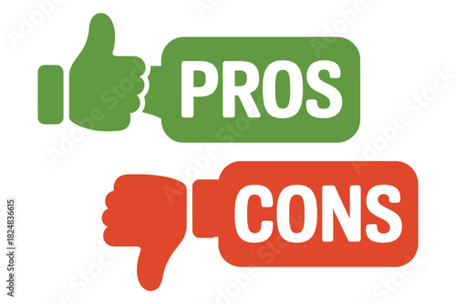 A thumb up symbol indicates pros, while a thumb down symbol indicates cons, representing a choice between positive and negative options.