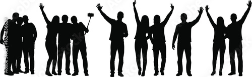 Joyful diverse group of young friends silhouette waving hands taking selfie with phone stick celebrating success togetherness fun happy moment social gathering party concept.