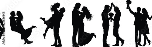 Artistic silhouette set of wedding couples embracing, dancing, and celebrating their love, featuring the groom lifting the bride and holding a bouquet, representing romance, commitment, and joy.