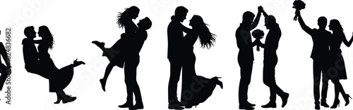 Silhouette collection of romantic couples in various poses, including groom lifting bride, dancing, hugging, and celebrating wedding day, perfect for love, marriage, and relationship concepts.
