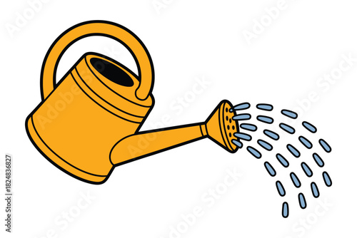 A bright yellow watering can is depicted with a stream of water being poured out of its spout, illustrating a gardening tool in use.