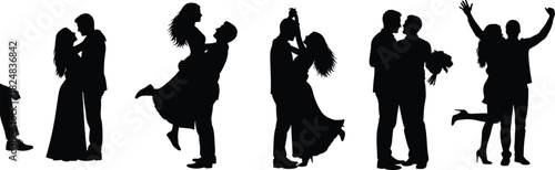 Elegant wedding and engagement celebration silhouettes set, featuring passionate couples embracing, formal dancing, and joyous victorious pose vector graphics collection.