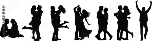 Romantic loving couple silhouettes set, celebrating love, wedding, dance, and engagement, diverse .
